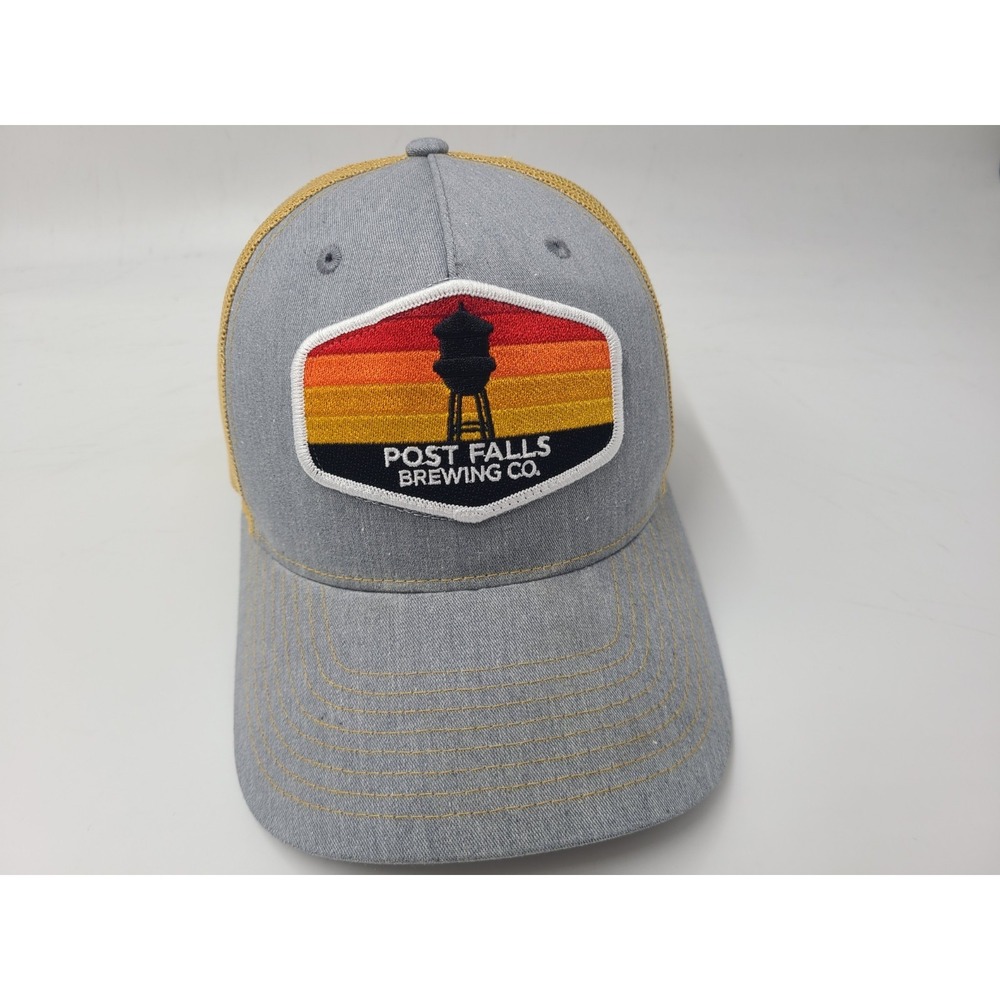 Post Falls Brewing Co Company Mesh Trucker Snapback Hat Cap Idaho Beer Gray Gold